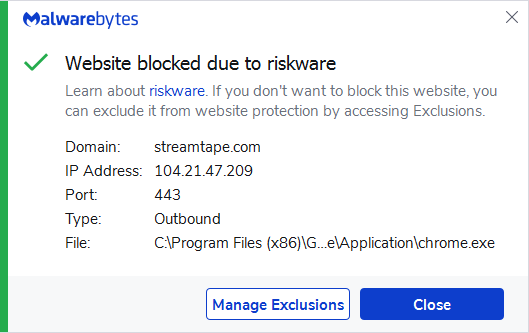 Malwarebytes blocks streamtape.com