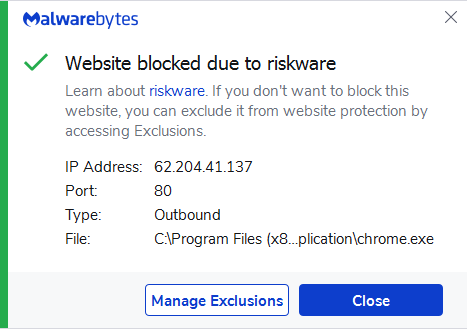 Malwarebytes blocks 62.204.41.137