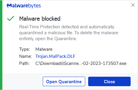 Malwarebytes blocks Trojan.MalPack.DLF