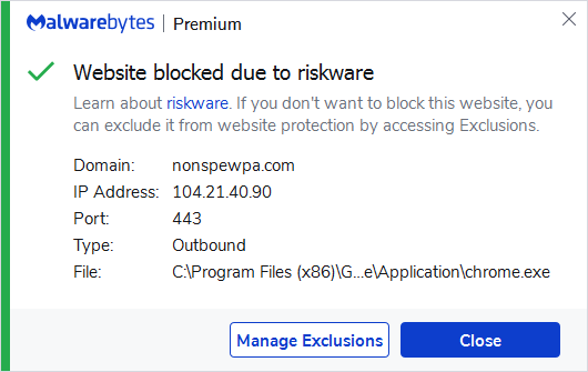 Malwarebytes blocks nonspewpa.com