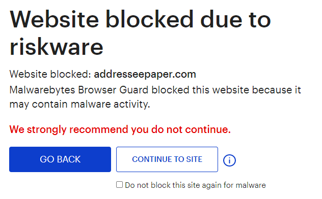Malwarebytes blocks addresseepaper.com