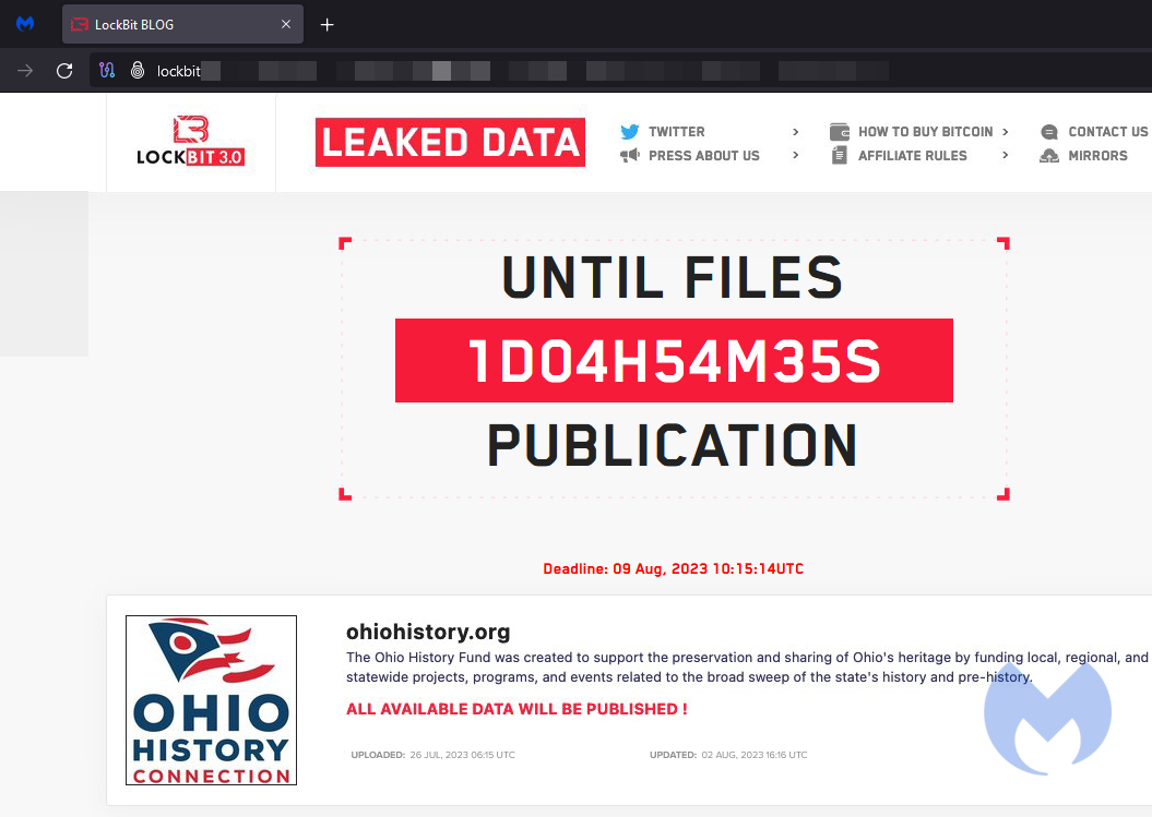 screenshot of LockBit leak site entry for OHC