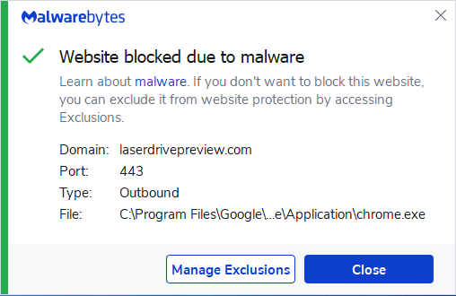 Malwarebytes blocks laserdrivepreview.com