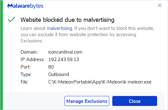 Malwarebytes blocks iconcardinal.com