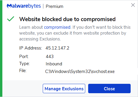 Malwarebytes blocks 45.12.147.2