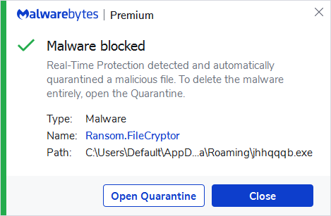 Malwarebytes blocks Ransom.FileCryptor