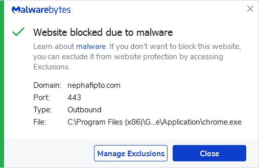 Malwarebytes blocks nephafipto.com