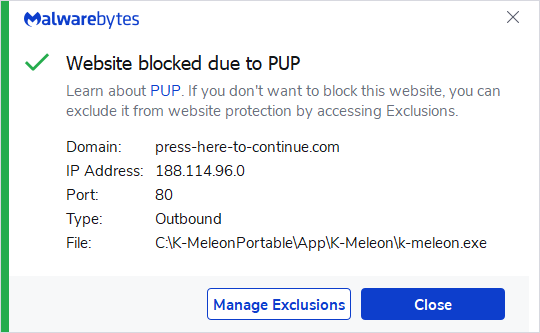 Malwarebytes blocks press-here-to-continue.com