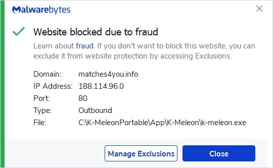 Malwarebytes blocks matches4you.info