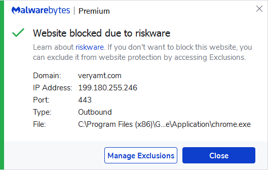 Malwarebytes blocks veryamt.com