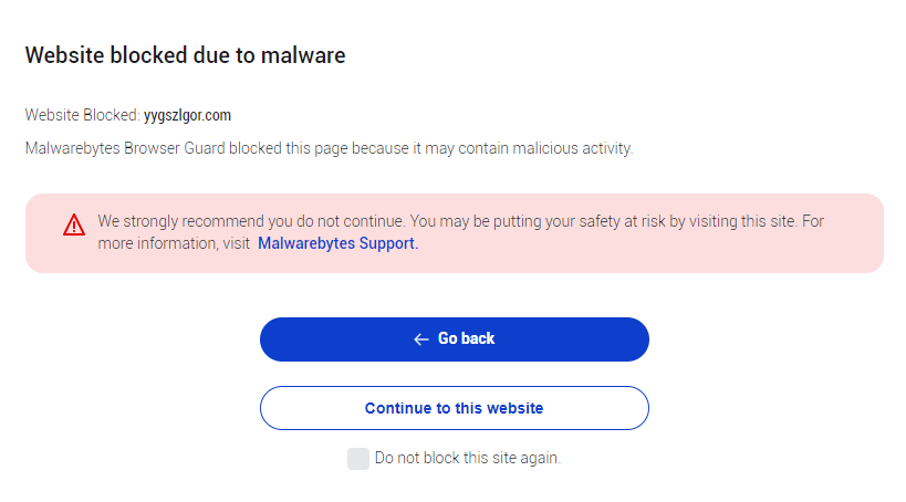 Malwarebytes blocks yygszlgor.com