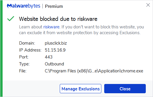 Malwarebytes blocks the domain plusclick.biz