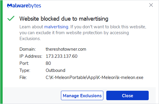 Malwarebytes blocks thereshotowner.com