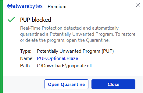 Malwarebytes blocks PUP.Optional.Blaze