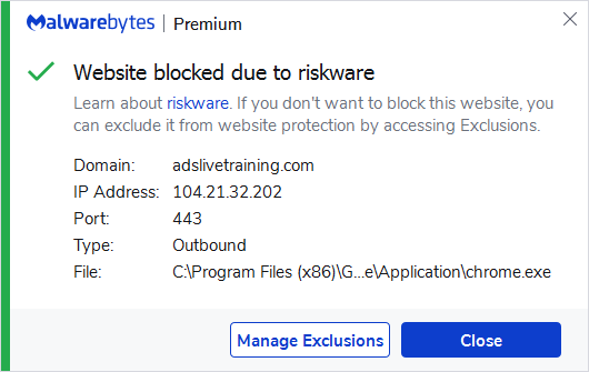 Malwarebytes blocks adslivetraining.com
