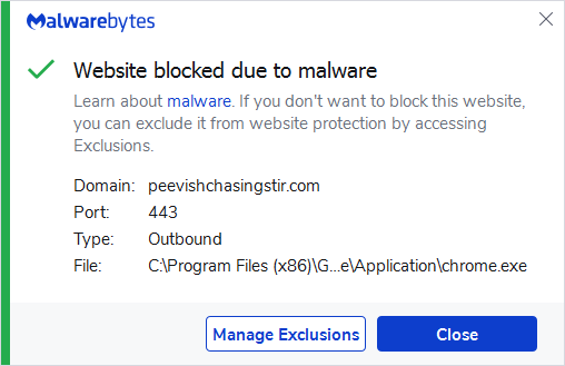 Malwarebytes blocks peevishchasingstir.com