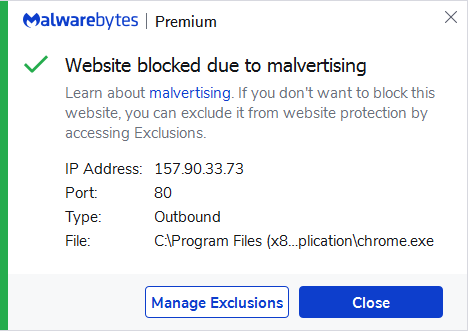 Malwarebytes blocks 157.90.33.73