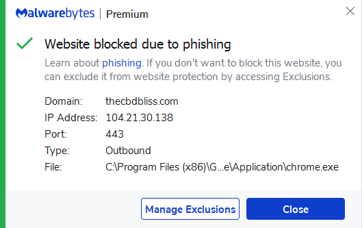 Malwarebytes blocks thecbdbliss.com
