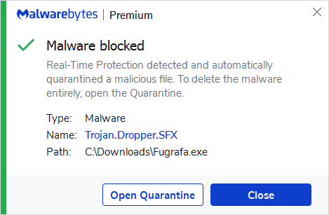 Malwarebytes blocks Trojan.Dropper.SFX