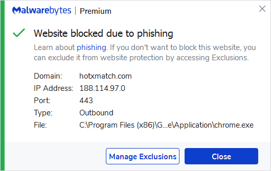 Malwarebtes blocks hotxmatch.com