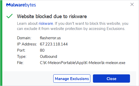 Malwarebytes blocks flasherror.us