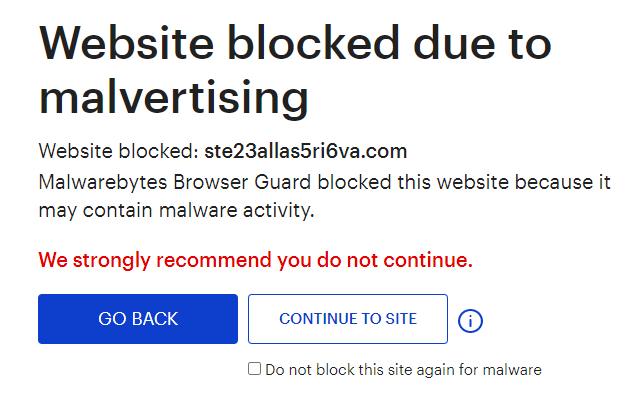 Malwarebytes blocks ste23allas5ri6va.com