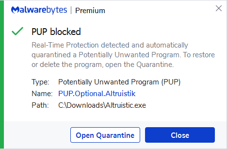Malwarebytes blocks PUP.Optional.Altruistik