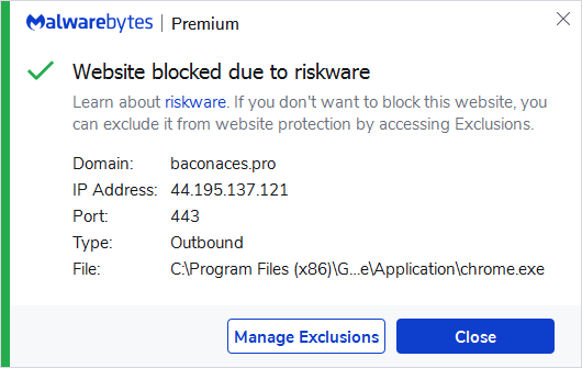 Malwarebytes blocks the domain baconaces.pro