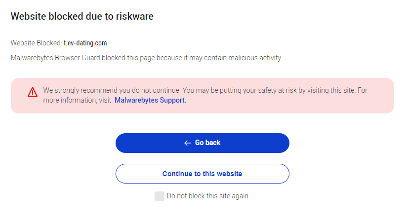 Malwarebytes blocks t.ev-dating.com
