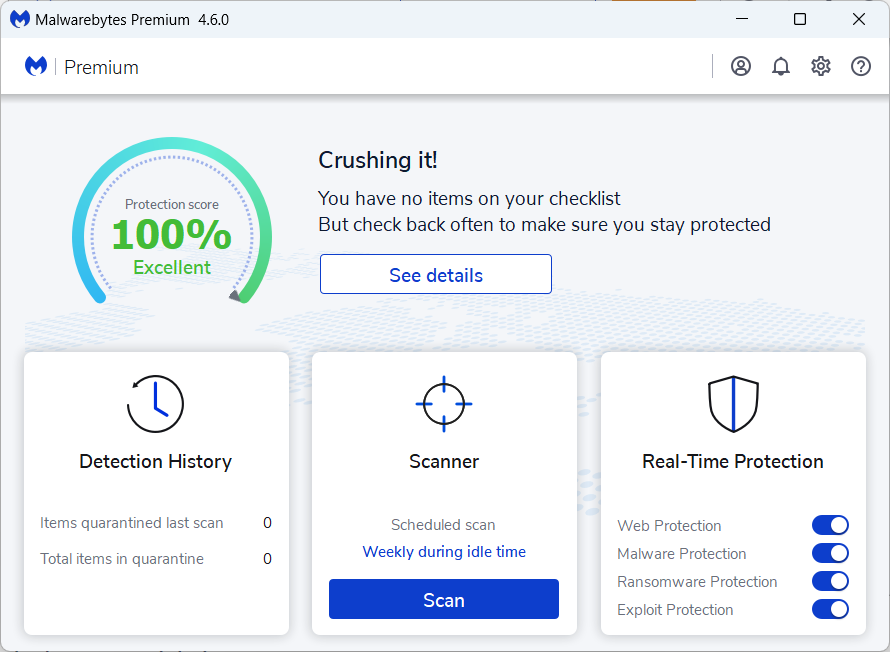 Trusted Advisor's protection score at 100%, 'excellent'