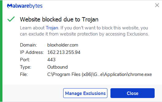 Malwarebytes blocks bloxholder.com