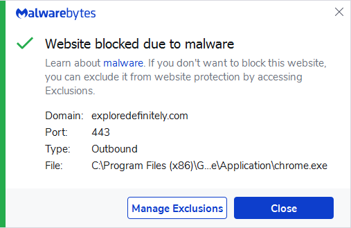 Malwarebytes blocks exploredefinitely.com