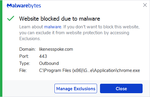 Malwarebytes blocks likenesspoke.com