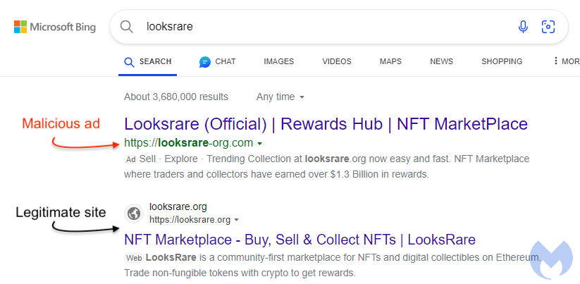 Bing search for looksrare