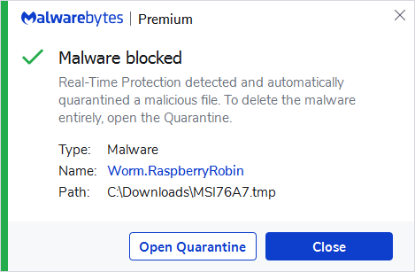 Malwarebytes blocks Worm.RaspberryRobin