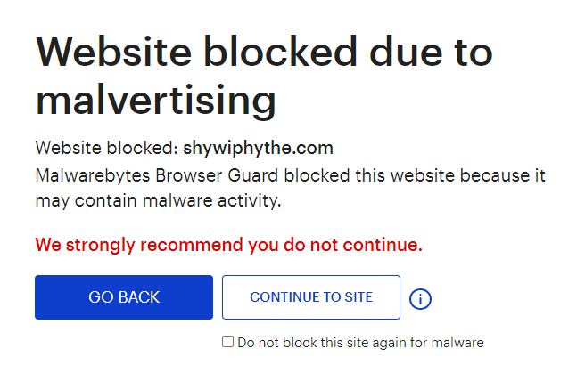 Malwarebytes Browser Guard blocks shywiphythe.com