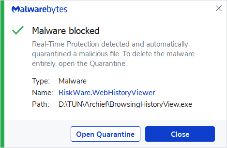 Malwarebytes blocks RiskWare.WebHistoryViewer