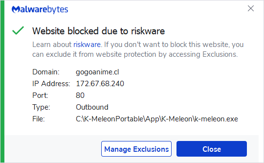 Malwarebytes blocks gogoanime.cl