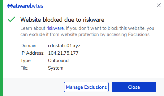 Malwarebytes blocks cdnstatic01.xyz