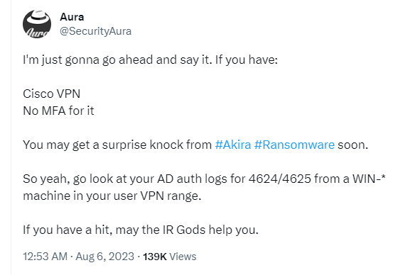 Tweet by incident responder Aura