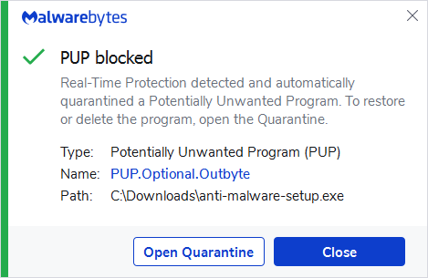 Malwarebytes blocks PUP.Optional.Outbyte