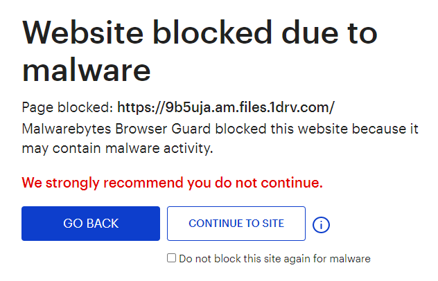 Malwarebytes blocks files.1drv.com