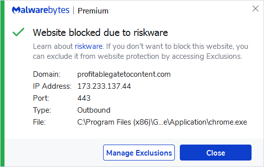 Malwarebytes blocks profitablegatetocontent.com