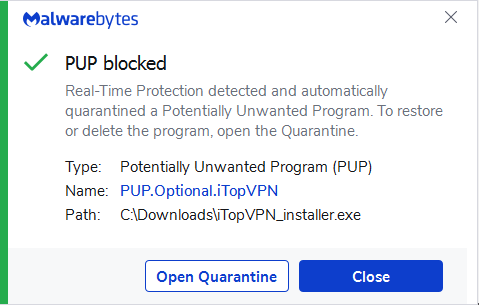 Malwarebytes blocks PUP.Optional.iTopVPN