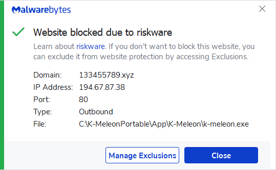 Malwarebytes blocks 133455789.xyz