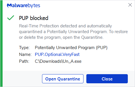 Malwarebytes blocks PUP.Optional.VeryFast