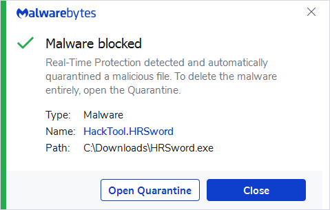 Malwarebytes blocks HackTool.HRSword
