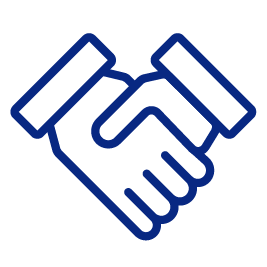 Blue outline icon of two hands in a handshake formation