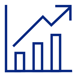 blue outline icon of a bark graph and an arrow that follows it moving up and to the right.
