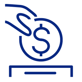 Blue outline icon of a hand holding a coin and placing it into a slot to indicate savings